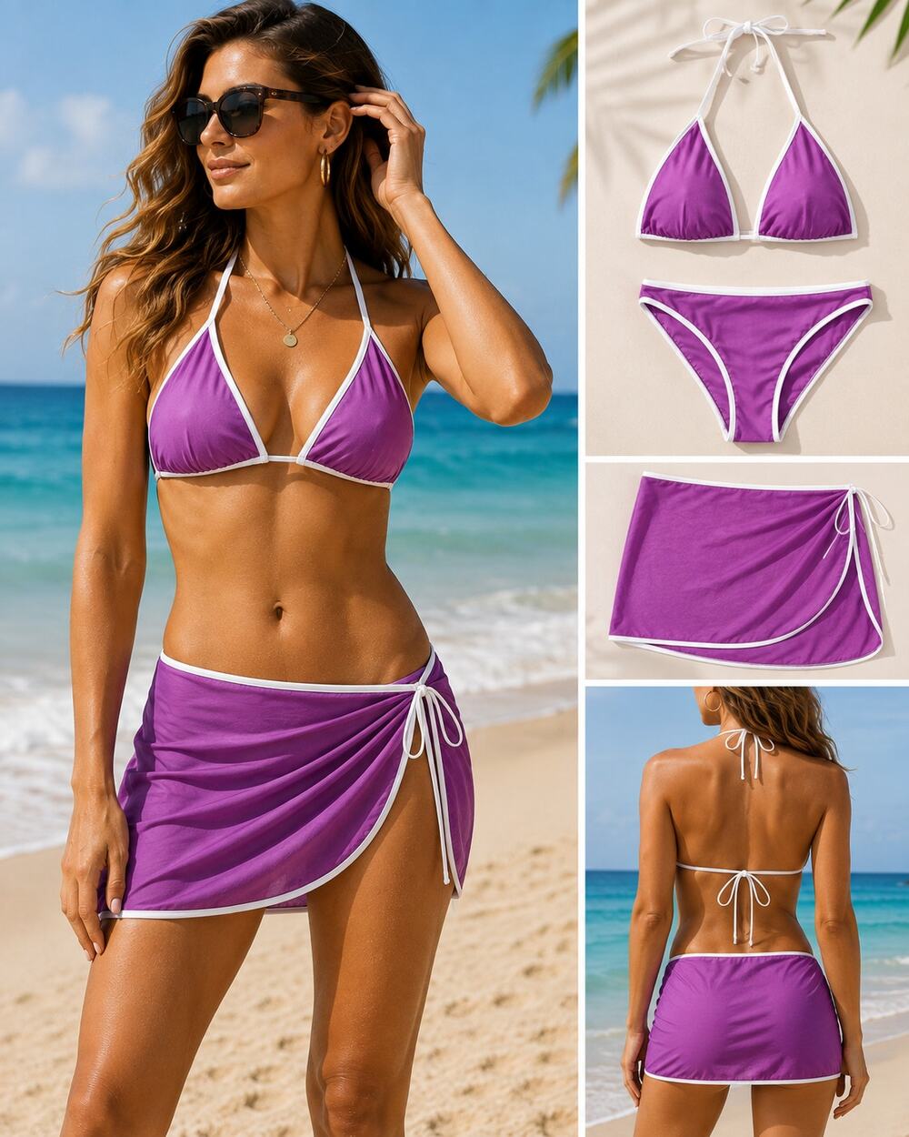 Tahari Purple Bikini Swimsuit 3 Piece Set Sarong Size L